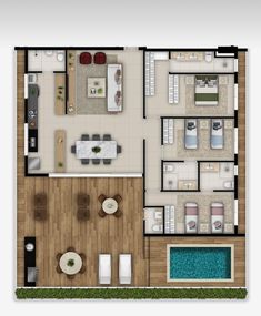 an overhead view of a floor plan with furniture and pool in the center, surrounded by wooden floors