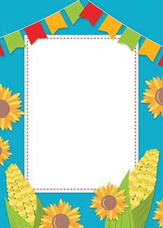 an image of sunflowers and bunting flags on a blue background with place for text