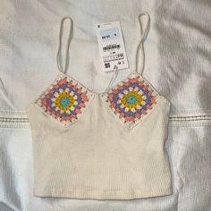 Nwt Never Worn Zara Crotchet Tank Top - Sold Out From Zara Fitted Zara Crochet Top, Spring Cotton Knitted Crop Top, Spring Knitted Cotton Crop Top, Spring Zara Crochet Tops, Zara Tops With Crochet Lace For Spring, White Crochet Top With Granny Square For Spring, Casual Granny Square Crochet Top For Spring, Trendy Cotton Crochet Top With Crochet Trim, White Granny Square Crochet Top For Spring