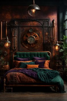 a bed with green and purple sheets in a room next to a clock on the wall