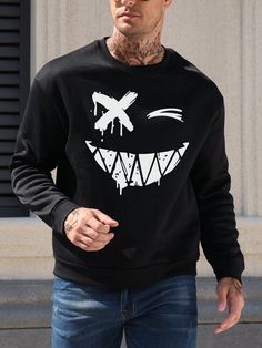 This men's sweatshirt is perfect for those who want to stay comfortable and stylish. With long sleeves and a fun emoji print, it offers both warmth and personality. Made with high-quality materials, you can count on its durability and comfort. Stay on-trend and cozy with this sweatshirt. Color : Black Style : Casual Type : Pullovers Pattern Type : Cartoon Neckline : Round Neck Sleeve Length : Long Sleeve Sleeve Type : Regular Sleeve, Drop Shoulder Length : Regular Fit Type : Regular Fit Fabric : Trendy Winter Sweatshirt With Cartoon Print, Winter Cartoon Print Sweatshirt For Streetwear, Fleece Hoodie Sweatshirt With Character Print, Casual Long Sleeve Sweatshirt With Cartoon Print, Cartoon Print Long Sleeve Sweatshirt For Streetwear, Casual Long Sleeve Cartoon Print Sweatshirt, Urban Halloween Sweatshirt With Graphic Print, Urban Style Halloween Graphic Sweatshirt, Casual Hoodie With Character Print And Crew Neck