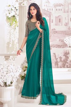 Saree Bridesmaid, Reception Sarees, Persian Green, Gota Patti Saree, Lace Saree