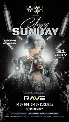 an event flyer with a woman dressed in futuristic garb and silver makeup on her face