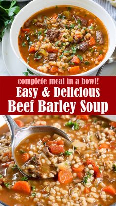 two bowls of beef barley soup, one with carrots and the other with meat