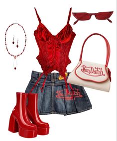 Red Fits Y2k, Red Moon In Venus Kali Uchis Concert Outfits, Y2k Reggaeton Outfits, Evil Halloween Costumes Women, Scandoulous Outfits, Sasha Bratz Outfits Inspiration, Red 2000s Outfit, Rbd Outfits Ideas Concert Roberta, Valentine’s Outfit Women