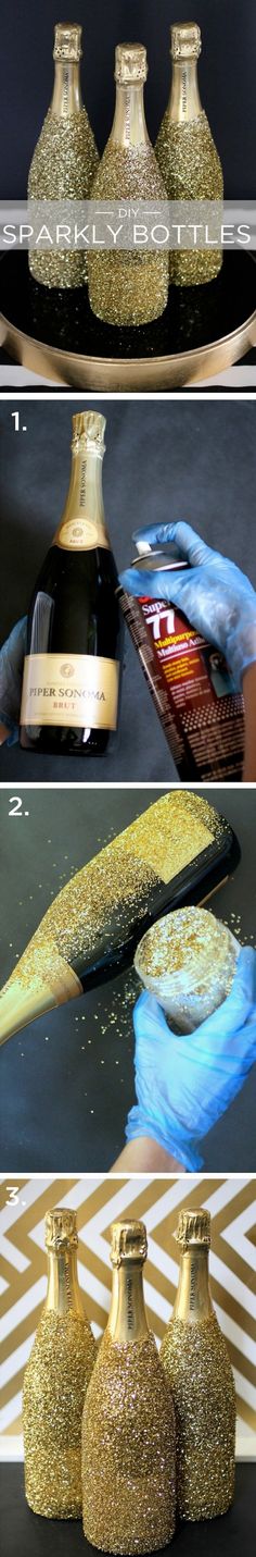 gold glitter bottles are being used as decorative items