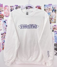 "This is a adult unisex white crewneck sweatshirt with our youtiful inspired design embroidered on the front and \"just know skz is always by your side\" embroidered on the sleeve! This is embroidered in a misty purple grey color!  no cancelations, refunds, exchanges or returns as these are made to order products!  sizing chart in photos" Oversized Embroidered White Sweater, Trendy White Crew Sweatshirt, Oversized White Sweatshirt With Letter Embroidery, White Sweatshirt With Embroidered Graphics, White Cotton Sweatshirt With Embroidered Text, White Relaxed Fit Sweatshirt With Embroidered Graphics, White Cotton Sweater With Embroidered Graphics, White Embroidered Sweatshirt With Relaxed Fit, White Long Sleeve Kpop Sweatshirt