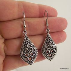 Ornate Antiqued Silver Filigree Teardrop Earrings - Silver Earrings - Wedding Gift - Bridesmaid Gift Nickel-free Teardrop Earrings For Weddings, Nickel Free Teardrop Earrings For Wedding, Metal Teardrop Filigree Earrings, Filigree Dangle Teardrop Earrings For Wedding, Filigree Teardrop Dangle Earrings For Wedding, Silver Filigree Teardrop Earrings For Wedding, Elegant Teardrop Oxidized Earrings, Elegant Teardrop Earrings With Oxidized Finish, Silver Oxidized Teardrop Earrings