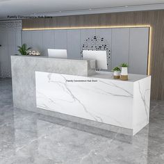 a white marble reception desk in an office