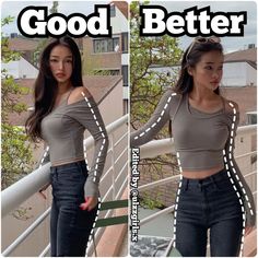 two pictures of a woman with her hands on her hips and the words good, better