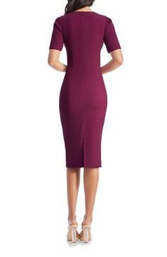 Step away, stylistically, from the standard sheath dress and stand out in this version, which makes an artful statement with its off-center neckline. 44 1/2" length (size Medium) Hidden back-zip closure Asymmetric square neck Short sleeves Lined 97% polyester, 3% spandex Dry clean or machine wash, line dry Imported Fitted Midi Dress With Asymmetrical Neckline And Flattering Silhouette, Fitted Midi Dress With Asymmetrical Neckline For Formal Occasions, Flattering Fitted Midi Dress With Asymmetrical Neckline, Fitted Midi Dress With Asymmetrical Neckline, Fitted Bodice Midi Dress With Flattering Cut, Modern Fitted Sheath Bodycon Dress, Elegant Fitted Asymmetrical Midi Dress, Elegant Asymmetrical Fitted Midi Dress, Fitted Asymmetrical Bodycon Dress For Formal Occasions