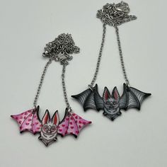 Description: Pastel Goth Vampire Bat Necklace These Items Are Individually Made With Love By Me. Details: Handmade Item Materials: Acrylic & Stainless Steel Hypo-Allergenic Stainless Steel Posts Includes Rubber Backs Color: Pink & White / Black & Gray Length: 21" Style: Pastel Goth/Vampire / Whimsigoth / Cute Emo / Witchy Cat/ Kawaii Goth / Tongue Care Instructions: Store Out Of Direct Sunlight And Keep Away From Water. It Is Not Recommended To Wear These Earrings In Or Around Water Emo Halloween Party Necklaces, Handmade Emo Style Necklace As Gift, Handmade Emo Style Necklace For Gift, Handmade Punk Necklaces For Cosplay, Emo Style Necklace For Halloween, Pink Punk Necklace For Party, Emo Necklace With Adjustable Chain For Gift, Pink Punk Style Necklace For Party, Handmade Pink Jewelry For Halloween