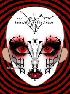 credit @il0vemcr if recreate/repost Goth Makeup Aesthetic, Red Goth Makeup, Montly Crue, Spider Web Makeup, Red Spider Web, Web Makeup, Gothic Makeup Tutorial, Spider Makeup, Trad Goth Makeup