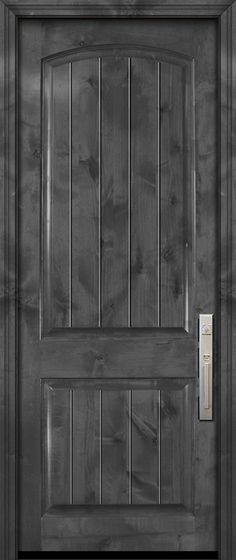 a black door with a light switch on it's side and wood paneling