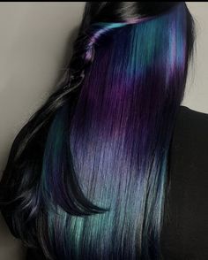 Blue Purple And Red Hair, Peacock Colored Hair, Blue And Teal Hair Ombre, Peekaboo Teal Hair, Brunette With Colorful Highlights, Dark Brown Hair With Colorful Highlights, Black Hair Purple Peekaboo, Purple And Blue Hair Highlights Peekaboo Color, Dark Prism Hair