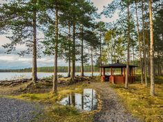 a small gazebo sitting in the middle of a forest next to a body of water