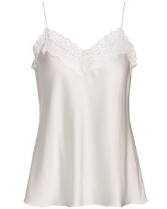 SIMKHAI White Silk Lace Erika Cami V neck Square back Sleeveless; thin shoulder straps Lace trim at bust Relaxed fit 100% silk Cami Mendes, Silky Top, White Cami, Lace Silk, Silk Lace, Lace Cami, Virtual Closet, White Silk, White Satin