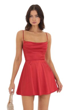 Jewel Satin Cowl Neck Dress in Red | LUCY IN THE SKY Red Semi Formal Dress, Red Hoco Dress, Red Satin Mini Dress, Satin Cowl Neck Dress, Satin Hoco Dress, Hoco 2024, Hoco Ideas, Hoco Dresses Red, Semi Dresses