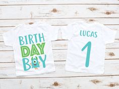 two birthday shirts with the number four on them, one is white and the other is blue