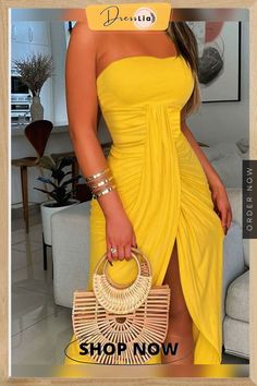 Bare Shoulder Wrap Chest Solid Color Slit Waist Fold Dress Casual Tube Dress, Split Maxi Dress, Women Midi, Fashion Weeks, Hip Dress, Trend Fashion, Tube Dress, Types Of Skirts, Womens Midi Dresses