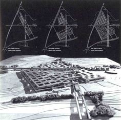 an aerial view of a building with plans for the roof and side walls on it