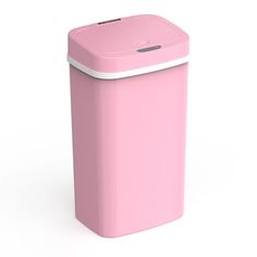 a pink trash can on a white background