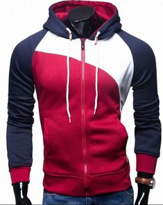 three color accent hooded zippered jacket Men Hoodies, Yellow Hoodie, Blue Khakis, Zipper Jacket, Red Hoodie, Mens Sweatshirts Hoodie, Zipper Hoodie, Slim Fit Men, Grey Hoodie