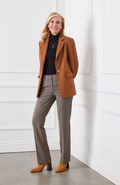 A high waist and plenty of pockets lend practical appeal to slim-fitting plaid pants perfect for sprucing up your weekday wardrobe. 32" inseam; 16 1/2" leg opening; 10 3/4" front rise; 14" back rise (size 8) Zip fly with hook-and-bar closure Front slant pockets; back welt pockets 62% polyester, 33% viscose, 5% elastane Dry clean Imported Tailored Dress Pants For Office In Fall, Tailored Dress Pants For Fall Office Wear, Brown Dress Pants For Office In Winter, Brown Dress Pants For Winter Workwear, Winter Workwear Brown Dress Pants, Business Casual Fall Pants With Straight Hem, Fall Business Casual Pants With Straight Hem, Brown Winter Workwear Dress Pants, Brown Winter Dress Pants For Workwear