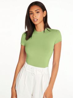 Mint Green Casual Collar Short Sleeve Fabric Plain  Embellished Medium Stretch Spring/Summer Women Clothing Fitted Summer T-shirt In Solid Color, Fitted Solid Color T-shirt For Summer, Fitted Green Solid Color Tops, Stretch Solid Color Summer Tops, Green Solid Color T-shirt For Summer, Solid Stretch Summer Tops, Trendy Solid Color Crew Neck Blouse, Solid Color Crew Neck Short Sleeve Top For Spring, Solid Short Sleeve Top With Crew Neck For Spring