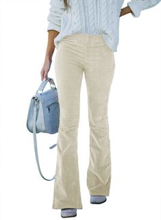 PRICES MAY VARY. Flattering corduroy flare bell bottoms pants with two back pockets to create vintage style for your daily look. Comfortable and soft corduroy fabric. Embracing you with its moderate thickness,softness and comfort. Wear it all day to feel happy and cozy. A must-have in every women’s wardrobe. Fashion corduroy flare trouser jeans made of high quality material and have a trendy look. You would want to wear it wherever you go. Stylish corduroy flare bottoms bell pant could easily pa Beige High Waist Flare Jeans For Fall, Beige Wide Leg Flare Jeans For Fall, Spring Corduroy Wide Leg Pants, Non-stretch Flared Hem Bottoms For Fall, Corduroy Jeans For Spring, Spring Corduroy Jeans, Stretch Flare Corduroy Bottoms, Stretch Corduroy Flare Bottoms, Fall Cotton Flares With Flared Hem