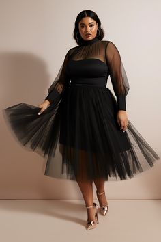 Xpluswear Design Plus Size Party Midi Dresses Elegant Black Fall Winter Mock Neck Tulle Long Sleeve See Through Mesh Midi Dresses [Pre-Order] Plus Zise, Midi Dress Elegant, Plus Size Party, Black Mock Neck, Plus Size Cocktail Dresses, Look Formal, Look Plus Size, Plus Size Party Dresses, Cocktail Attire