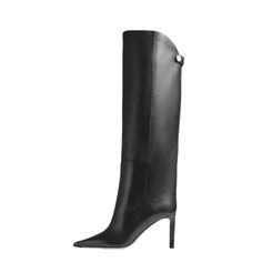 Available Colors: Black Material: Vegan Leather Toe Style: Pointy Toe Heel Style: Stiletto Heel Closure Type: Slip-on Heel Height: 3.1 inches (8 cm) Tube Height: 50 cm Foot Circumference: 28 cm Calf Circumference: 35.5 cm Mouth Circumference: 50 cm Pattern: Solid Color Designer Formal Winter Boots, Evening Knee-high Boots With Sculpted Heel, Luxury Knee-high Boots For Winter Party, Elegant Fitted High Ankle Knee-high Boots, Elegant Knee-high Boots With Reinforced Heel, Elegant High Ankle Boots With Sculpted Heel, Designer Knee-high Boots For Fall Evenings, Elegant High Ankle Heeled Boots, Formal Fitted Knee-high Boots With Sculpted Heel