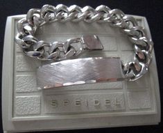 "SPEIDEL USA Polished & Brushed Finish Stainless Steel Silver Tone Metal Men's Fashion Jewelry Accessory Curb Style Link Chain ID Bar Bracelet 8.5\" L PLEASE NOTE THAT WE DO NOT OFFER ENGRAVING SERVICES SO IF PURCHASED YOU WOULD HAVE TO HAVE IT ENGRAVED ELSEWHERE. This is a Cool Vintage From The 80's/90's Signed by SPEIDEL U.S.A High Shine Polished and Brushed Finish Stainless Steel Silver Tone or Plated Metal Men's Costume Jewelry Accessory Curb Style Link Chain Personalized (Not Engraved Yet) Mens Fashion Jewelry, Bar Bracelet, Id Bracelets, Bar Bracelets, Steel Metal, Fashion Accessories Jewelry, Chain Link Bracelet, Chain Styles, Link Chain