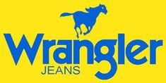 the wrangler jeans logo is shown on a yellow background with blue horse silhouettes