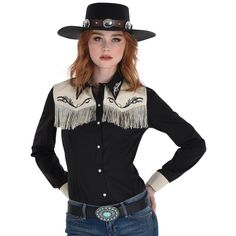 Add a little sass to your stroll through the saloon in this western cowgirl shirt for adults! This slim-fit shirt is in a black stretch fabric for a tailored look. The front has two off-white panels below the collar that have black embroidery-look printed details and matching fringe. To complete the authentic styling the shirt closes with pearl-look snaps. pbBlack Western Fringe Cowgirl Shirt product details:-b-p ul liSlim-fit cut with stretch-li liPrinted embroidery-look details-li liAttached fringe on chest-li liFaux pearl front snaps-li li100% polyester exclusive of decoration-li liDoes not include hat belt pants or boots-li liReview size chart for sizing information-li -ul pbCare Instructions:-b-p ul liHand wash cold with like colors-li liLine dry-li liDo not bleach or iron-li -ul Black Long Sleeve Western Shirt, Western Style Black Long Sleeve Tops, Black Long Sleeve Top For Rodeo, Western Style Black Shirt For Ranch, Western Black Shirt For Ranch, Western Long Sleeve Blouse For Rodeo, Western Style Black Shirt For Fall, Western Black Shirt For Fall, Black Western Style Shirt For Fall