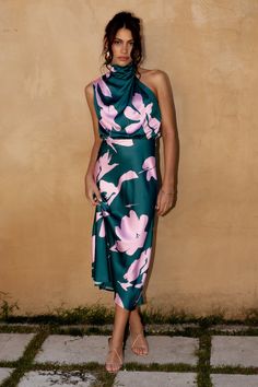 Anabelle Halter Neck Midi Dress - Green Pink Wedding Swimwear, Halter Neck Midi Dress, Satin Dresses Long, Halter Neck Maxi Dress, Resort Dresses, Essential Dress, Cocktail Attire, Usa Dresses, Rust Dress