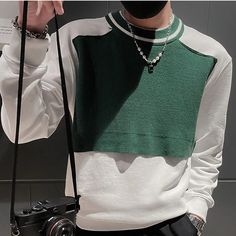 Wiaofellas - Fashion Spliced Loose Casual Color T-Shirt Men's Clothing Autumn New Oversized Korean Pullovers Tops All-match Tee Shirt Casual White Spliced T-shirt, Green Long Sleeve Sweater With Contrast Color, Casual Crew Neck Sweater With Patchwork, White Long Sleeve T-shirt With Splicing, Sporty Winter Sweatshirt With Splicing, Sporty Spliced Sweatshirt For Winter, Green Crew Neck T-shirt With Splicing, White Crew Neck Sweater With Splicing, Casual Green Sweater With Contrast Color