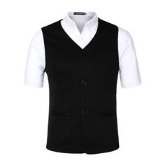 Unique Bargains Men's Button Down V Neck Sleeveless Two Pockets Vests - Walmart.com Business Vest With Pockets And V-neck, Casual Business Vest With Pockets, Casual Business Vest With Button Closure, Black V-neck Vest For Business, Black V-neck Vest With Button Closure, Black Cotton Vest With Buttons, Cotton V-neck Vest With Button Closure, Classic Black Vest With Pockets, Cotton V-neck Vest With Pockets