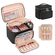 PRICES MAY VARY. Large Capacity Makeup Bag: Size 10.1"L x 7.5"W x 7.1"H, spacious and deep enough main space can hold various makeup bottles vertically, rich pockets structure and detachable partitions can meet different storage requirements, keep your cosmetics, makeup tools and travel essentials organized well. Detachable Brushes Board: Travel makeup bag is designed with a detachable brushes board with velcro, which one side features 4 makeup brush slots and clear PVC cover to protect your bru Best Makeup Bag, Travel Makeup Kit, Tech Storage, Design Tech, Travel Makeup Bag, Makeup Travel Case, Makeup Travel, Vertical Storage, Makeup Organizer