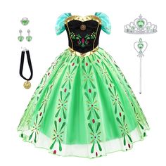 PRICES MAY VARY. DREAM PRINCESS DRESS - The princess dress set includes 1 green dress, 1 princess crown, 1 magic wand, 1 necklace, 1 ring, and 1 pair of earrings. The complete set of green princess dresses is a coveted gift for girls. ULTIMATE DESIGN - The girl's princess dress features a sparkling organza overlay, an elastic waist paired with gold lace velvet, shiny cuffs, and cute printed hem, making it a soft and dreamy look, making it the most popular choice for girls with princess dreams. H Green Princess Dresses, Elsa Fancy Dress, Dress Up For Girls, Princess Anna Costume, Princess Elsa Dress, Organza Overlay, Anna Costume, Green Princess, Anna Dress