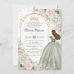 an elegant princess birthday party with pink roses and gold foil on the front, featuring a floral