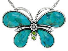 Free-Form Composite Turquoise With 0.07ctw Round Chrome Diopside Sterling Silver Butterfly Necklace. Measures Approximately 0.94"L x 1.46"W. 18" Chain With 2" Extender. Lobster Claw Clasp. This product contains Composite Turquoise. This means that separate pieces of Turquoise were bound together. Turquoise Round Jewelry For May Birthstone, Turquoise Sterling Silver Jewelry With Accent Stones, Green Turquoise Gemstone Necklace In Sterling Silver, Turquoise Fine Jewelry With Accent Stones, Turquoise Fine Jewelry Gemstones As A Gift, Turquoise Gemstones For Gift, Fine Jewelry Style, Fine Jewelry Sterling Silver Turquoise Gemstones, May Birthstone Multi-stone Pendant Jewelry, Green Gemstone Accented Sterling Silver Necklace