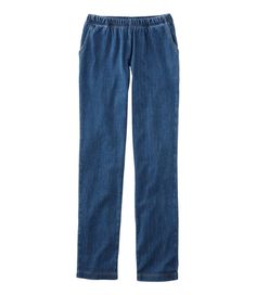 Pairing comfort and style, these women's elastic waist jeans are our most popular stretch pants in the ultrasoft knit denim fabric. Inseams: Regular 29½", Petite 27½", Medium Tall 31½", Plus 29½". Ultra High-Rise (Original Fit): Sits above waist. Relaxed through hip and thigh. Tapered-leg. Wrinkle-resistant 96% cotton, 4% spandex for shape retention. Machine wash and dry. Stretches and moves with you but always recovers its shape. Comfortable gathered waistband. Front pockets. Printed label. Imp Denim Blue Straight Leg Bottoms With Pull-on Style, Denim Blue Straight Leg Pull-on Jeans, Stretch Denim Pull-on Jeans, Denim Blue Pull-on Tapered Jeans, Denim Blue Tapered Leg Pull-on Jeans, Dark Wash Comfort Stretch Straight Leg Bottoms, Pull-on Denim Bottoms With Tapered Leg, Comfort Stretch Straight Leg Pull-on Jeans, Dark Wash Stretch Straight Bottoms