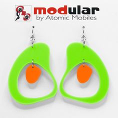 MODular Earrings - Boomerang Statement Earrings in Lime and Orange by AtomicMobiles.com - retro era inspired mod handmade jewelry Modern Green Earrings, Modern Orange Drop Earrings, Modern Green Nickel-free Earrings, Modern Green Dangle Earrings, Modern Nickel-free Green Earrings, Modern Green Hypoallergenic Jewelry, Modern Hypoallergenic Green Jewelry, Modern Retro Design, Mod Jewelry