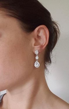 Crystal Bridal Earrings Crystal Teardrop Wedding Earrings | Etsy Wedding Halo Drop Diamond Earrings, Wedding Drop Diamond Earrings With Halo Design, Wedding Halo Design Drop Diamond Earrings, Bridal Drop Earrings With Halo Design, Halo Design Bridal Drop Earrings, White Teardrop Earrings With Prong Setting For Wedding, Cubic Zirconia Bridal Earrings With Halo Design For Wedding, White Bridal Drop Earrings With Halo Design, Pear-shaped Earrings With Prong Setting For Wedding