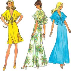 three women's dresses, one in blue and the other in yellow with ruffled sleeves