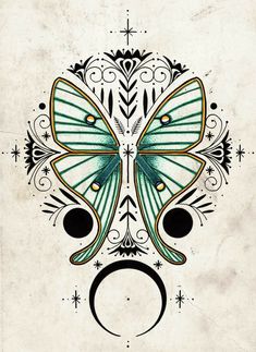 the butterfly is sitting on top of a crescent with stars and moon symbols around it