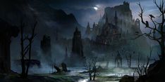 an image of a fantasy castle in the night