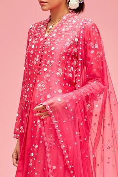 Shop for Nachiket Barve Pink Chanderi Floral Embroidered Anarkali Set for Women Online at Aza Fashions Kalidar Kurta, Pink Anarkali, Blouse Yoke, Embroidered Anarkali, Costume Designer, Scallop Edge, Color Fuchsia, Embroidered Neckline, Mumbai India