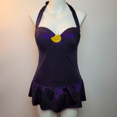 Be The Queen Of The Sea With This Gorgeous Purple One Piece Swimsuit. Halter Tie. Skirt All Around. Padded Top Royal Purple Sparkle Hygienic Liner Attached Shell: 82% Polyester; 18% Spandex Lining: 100% Polyester Wash Cold On Gentle Cycle; Dry Flat Imported Listed In Junior Sizes American Flag Bathing Suit, Disney Ursula, Disney Swimsuit, Minnie Mouse Swimsuit, Queen Of The Sea, Black And White One Piece, Grey Swimsuit, Purple One Piece, Tie Swimsuit